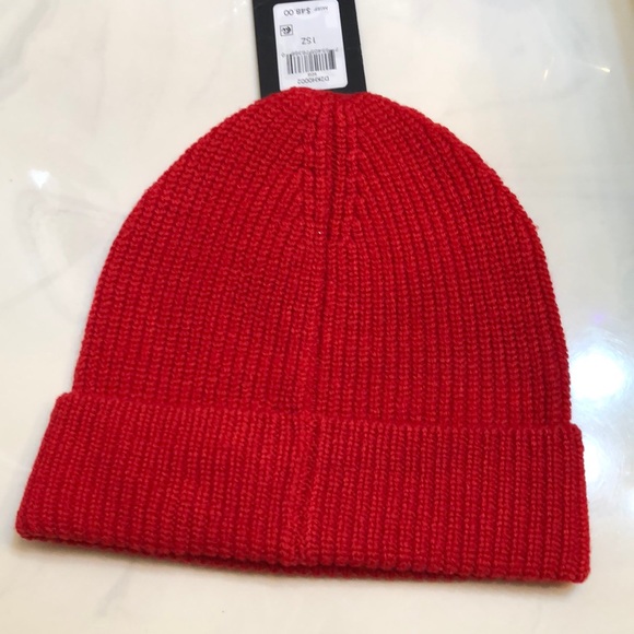 DKNY Ribbed Knit Cuffed Beanie Hat Color Scarlet Red Logo Accent OS NWT - Picture 8 of 15